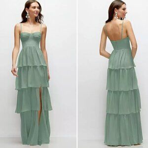 Bustier-Style Chiffon Tiered Ruffle Maxi Dress with Adjustable Straps in Seagras